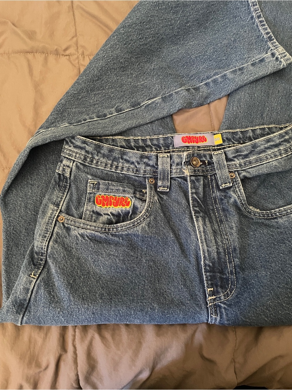 Empyre Blue Relaxed Fit Jeans with Red Logo Patch